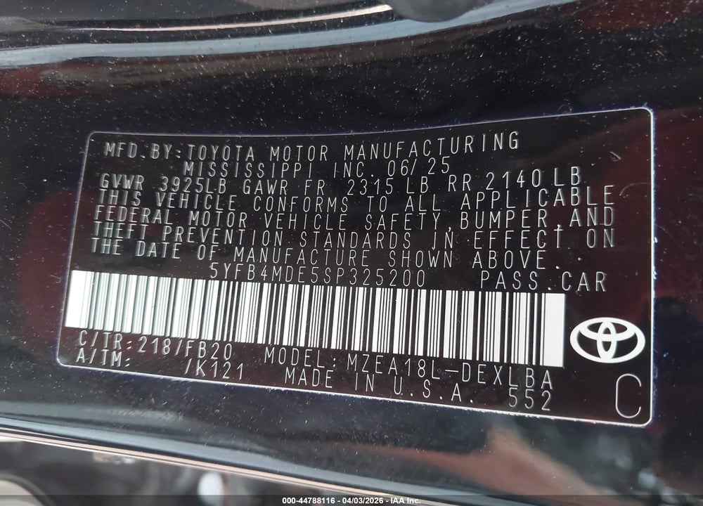 2025 TOYOTA COROLLA LE VIN: 5YFB4MDE5SP325200