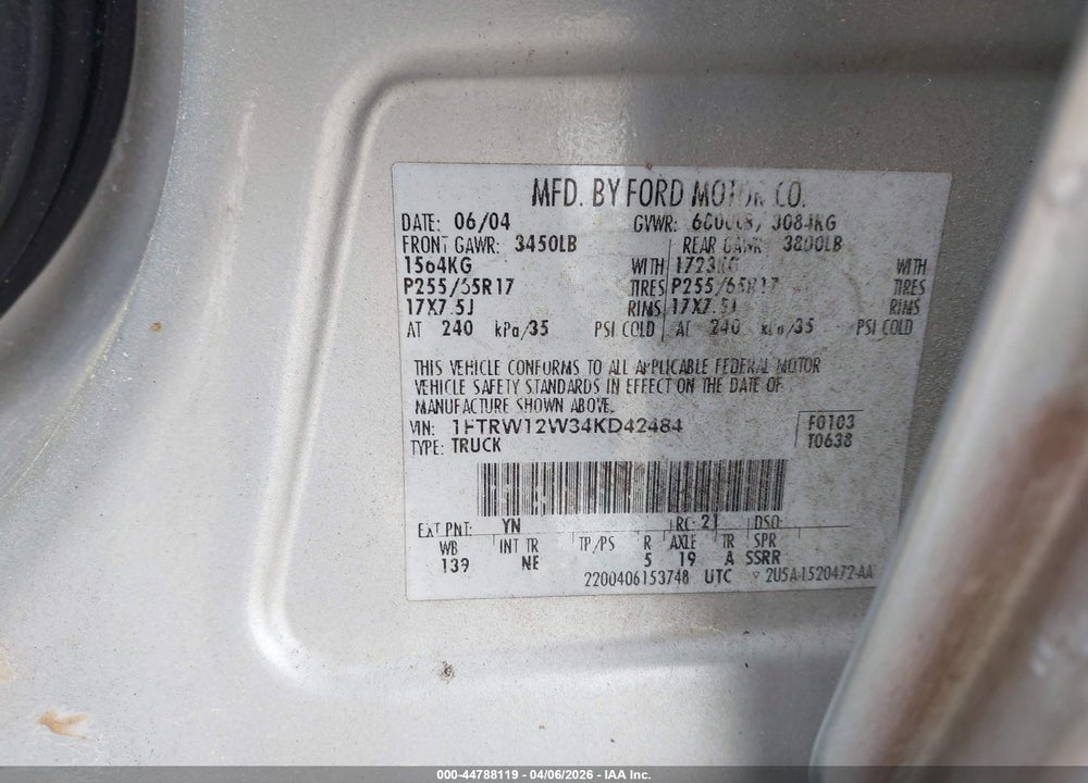 2004 FORD F-150 XLT VIN: 1FTRW12W34KD42484