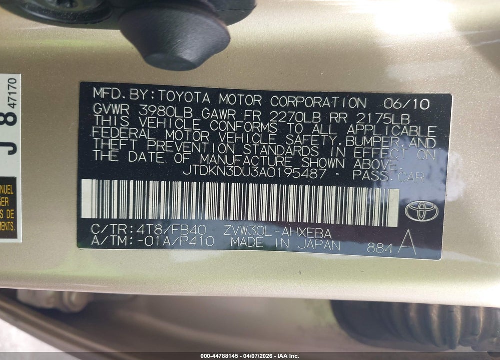 2010 TOYOTA PRIUS II VIN: JTDKN3DU3A0195487