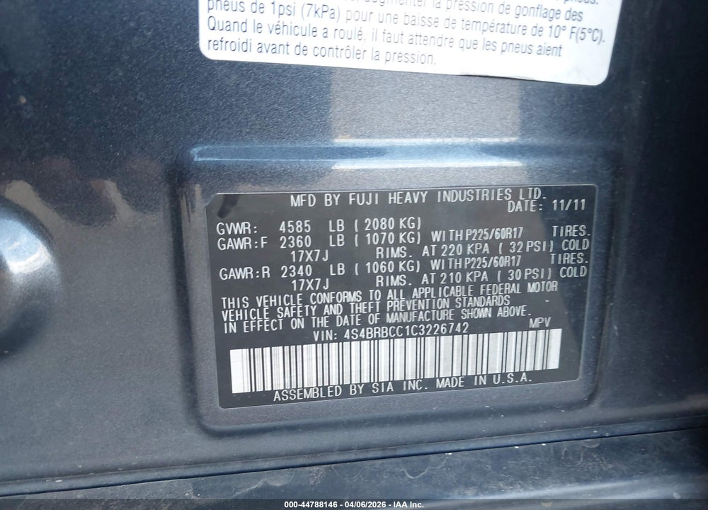 2012 SUBARU OUTBACK 2.5I PREMIUM VIN: 4S4BRBCC1C3226742