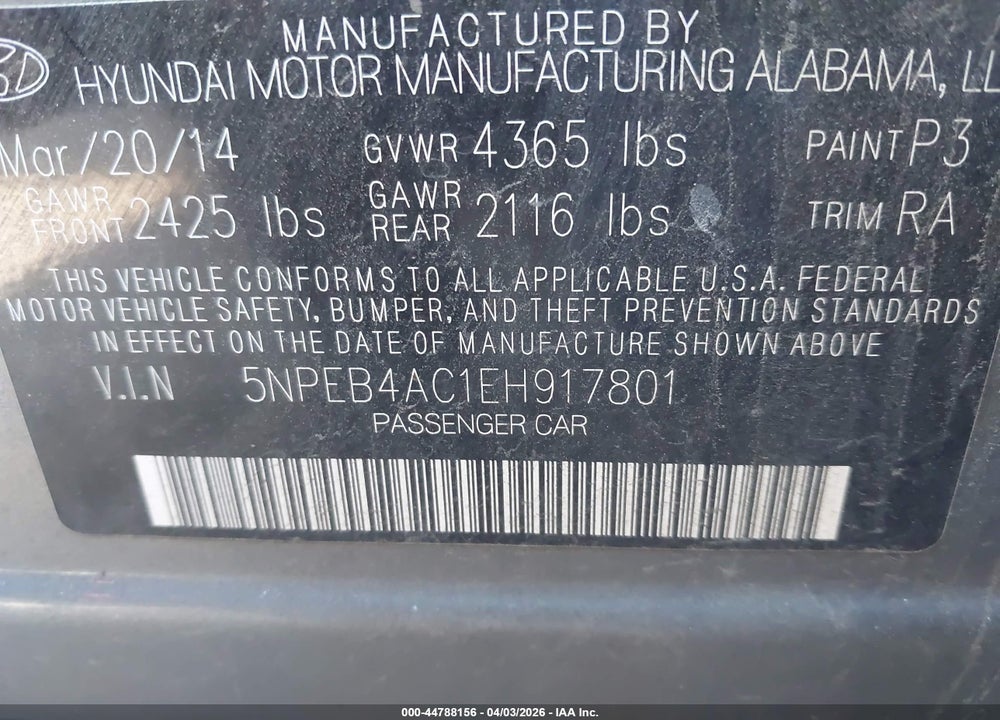2014 HYUNDAI SONATA GLS VIN: 5NPEB4AC1EH917801