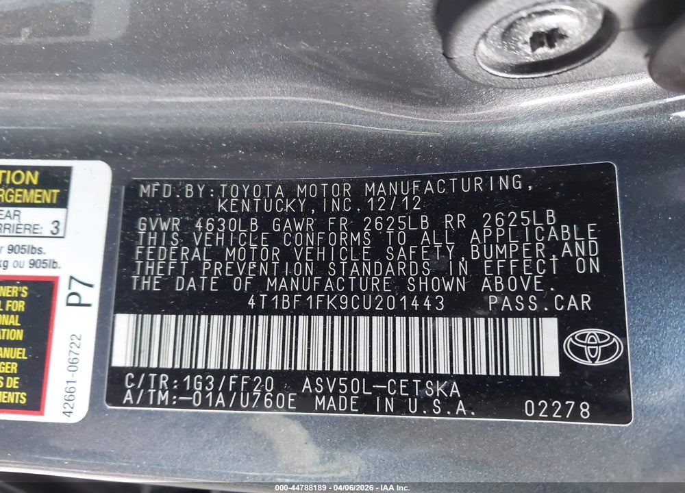 2012 TOYOTA CAMRY SE VIN: 4T1BF1FK9CU201443