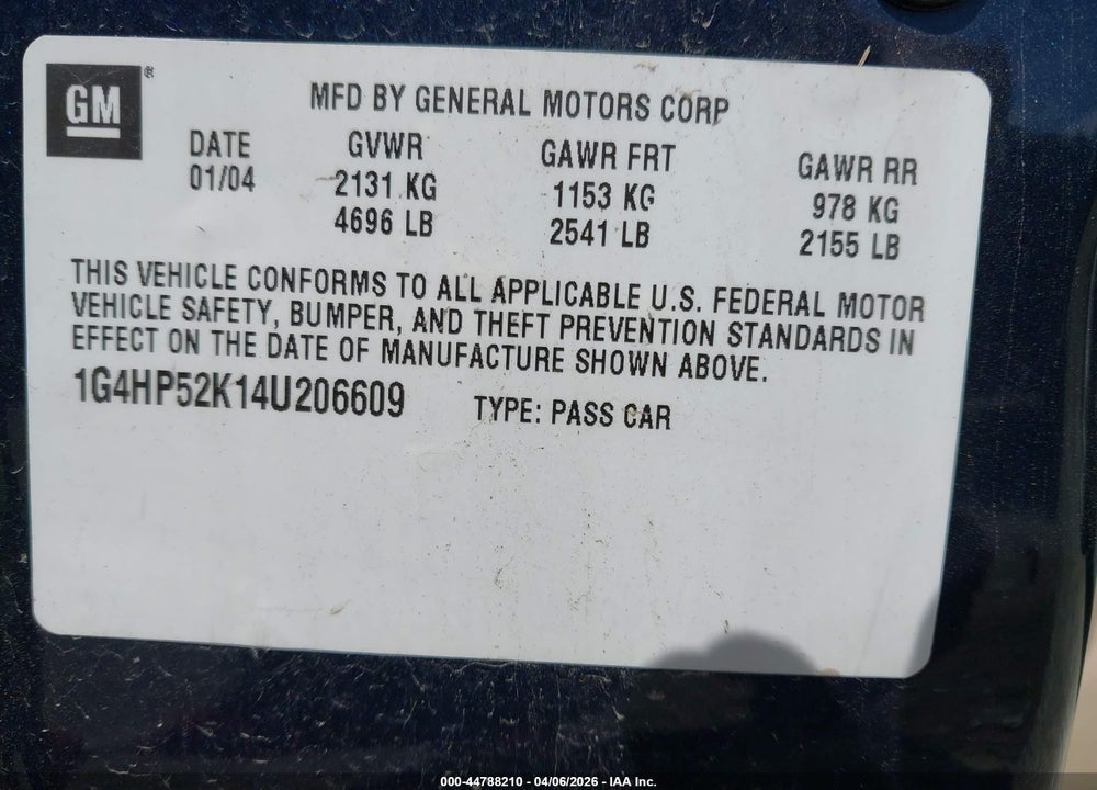 2004 BUICK LESABRE CUSTOM VIN: 1G4HP52K14U206609