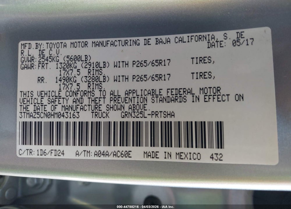 2017 TOYOTA TACOMA TRD SPORT VIN: 3TMAZ5CN0HM043163