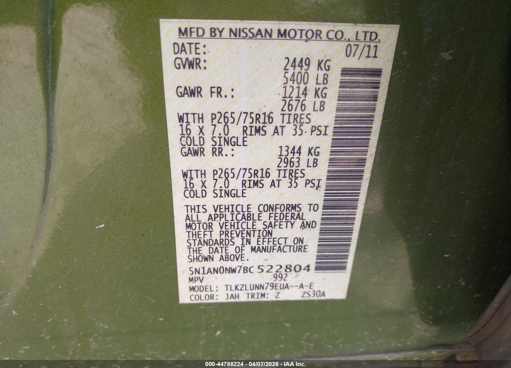 2011 NISSAN XTERRA PRO-4X VIN: 5N1AN0NW7BC522804