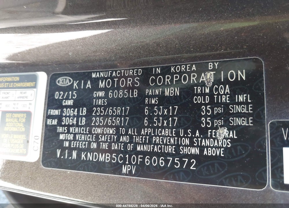2015 KIA SEDONA LX VIN: KNDMB5C10F6067572
