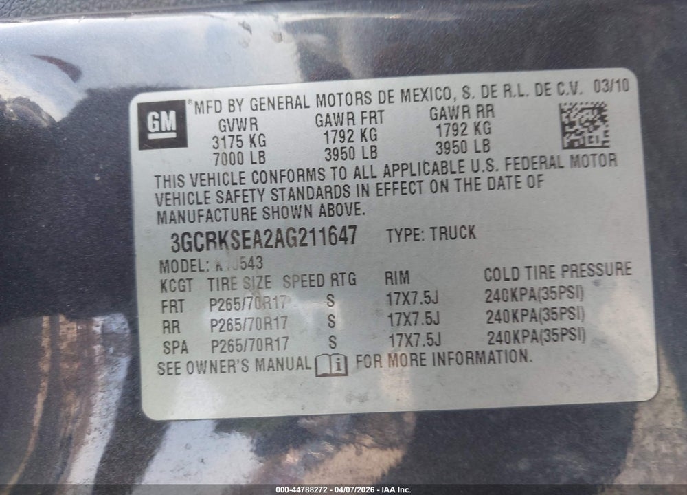 2010 CHEVROLET SILVERADO 1500 LT VIN: 3GCRKSEA2AG211647