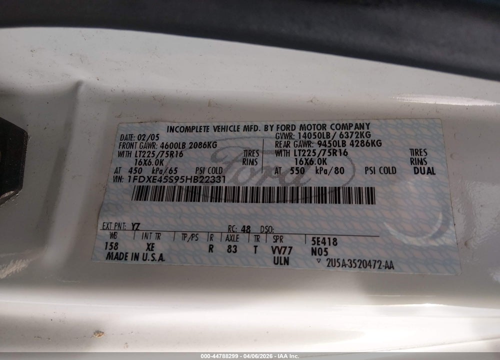 2005 FORD E-450 CUTAWAY STANDARD VIN: 1FDXE45S95HB22331