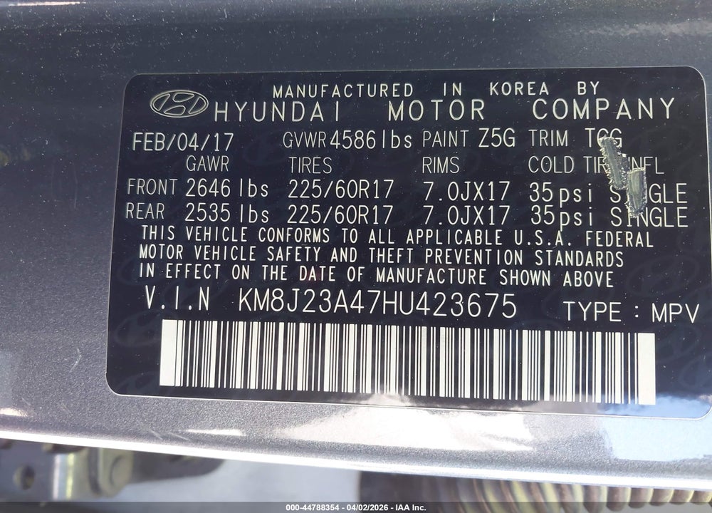 2017 HYUNDAI TUCSON SE VIN: KM8J23A47HU423675