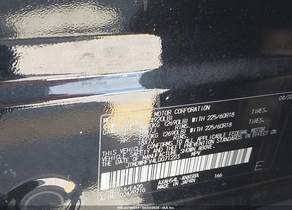 2020 TOYOTA RAV4 HYBRID LIMITED VIN: JTMDWRFV4LD071223
