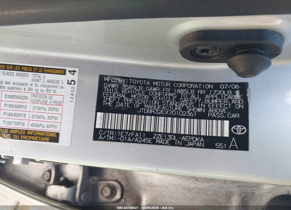 2007 TOYOTA COROLLA CE VIN: JTDBR32EX70102361