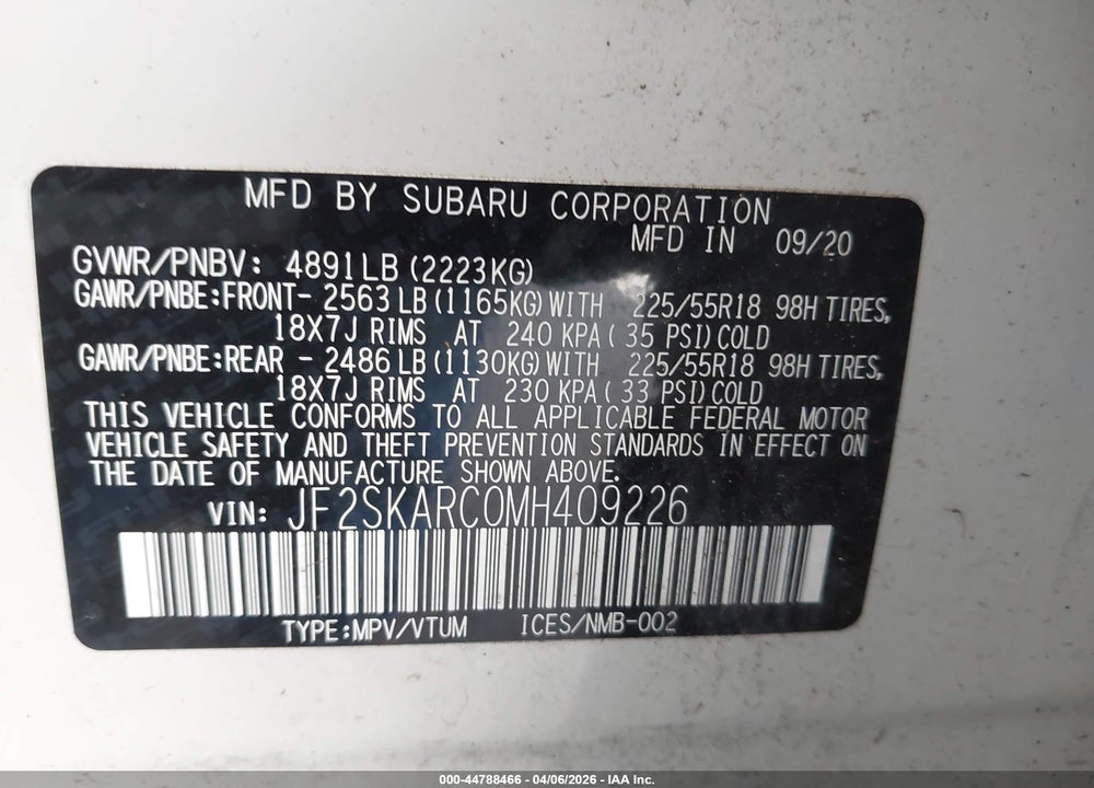 2021 SUBARU FORESTER SPORT VIN: JF2SKARC0MH409226