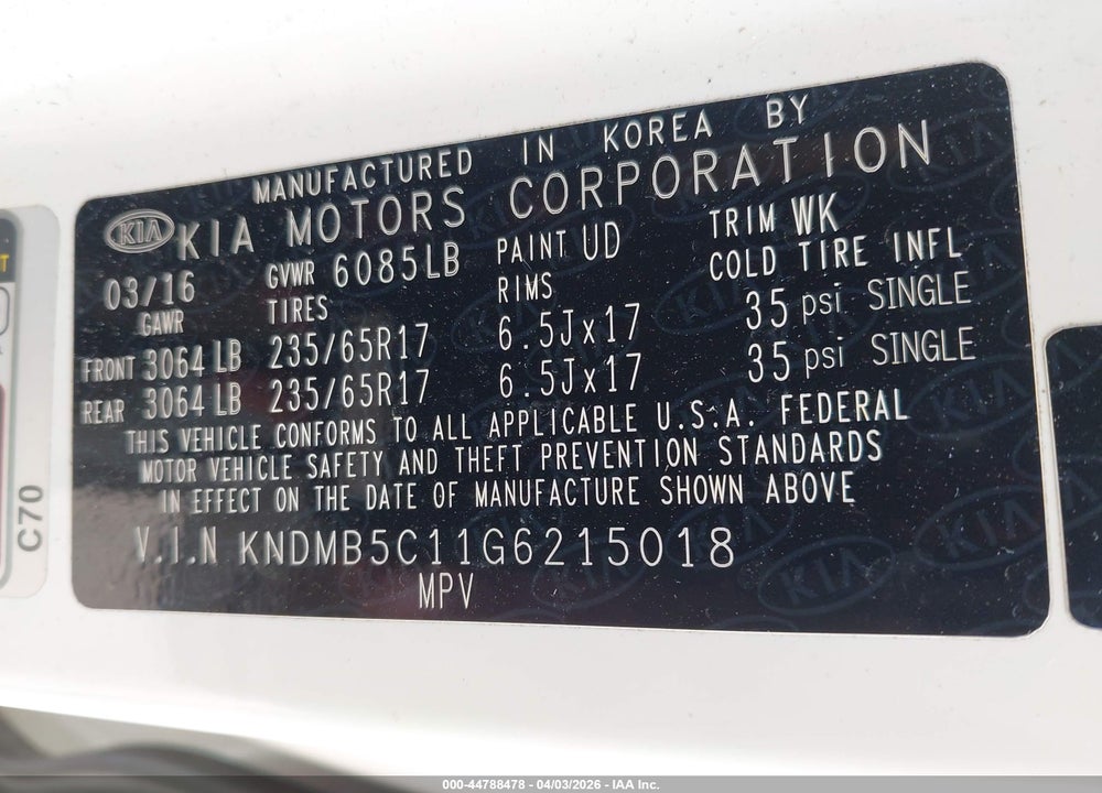 2016 KIA SEDONA LX VIN: KNDMB5C11G6215018