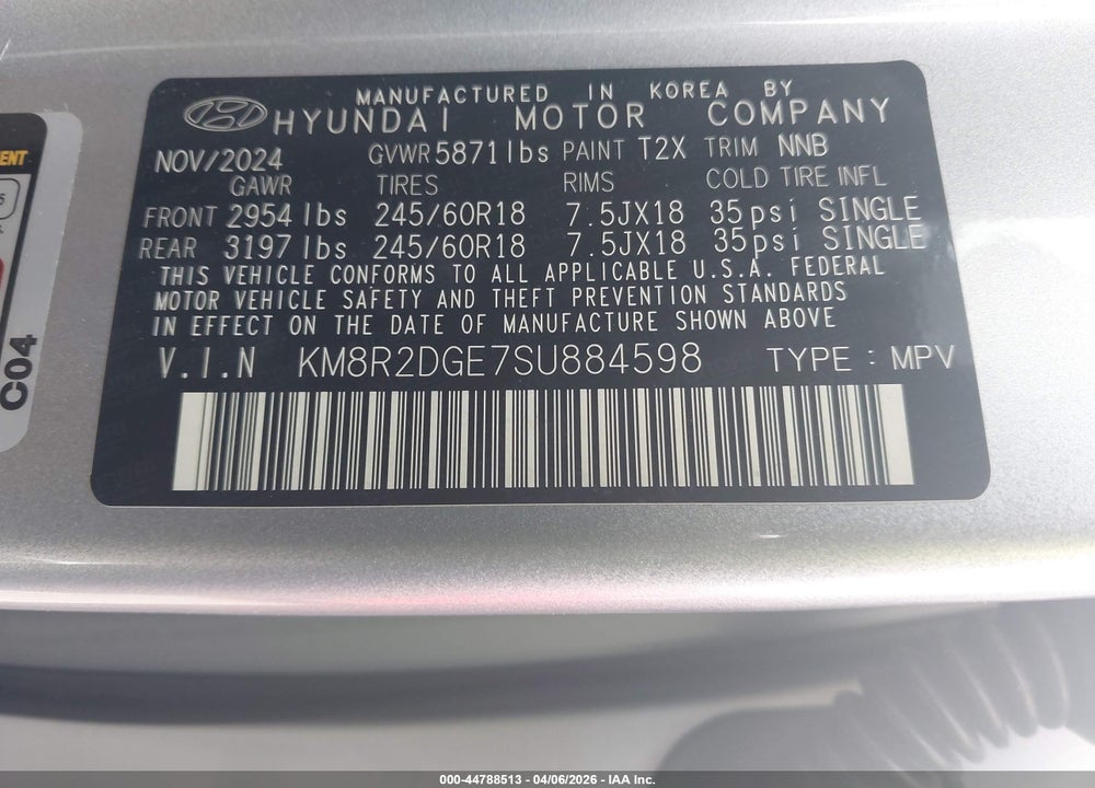 2025 HYUNDAI PALISADE SEL VIN: KM8R2DGE7SU884598