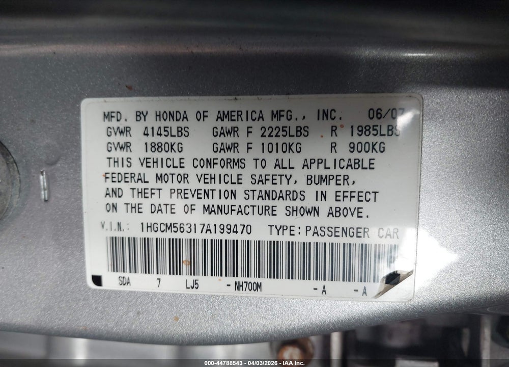 2007 HONDA ACCORD 2.4 SE VIN: 1HGCM56317A199470