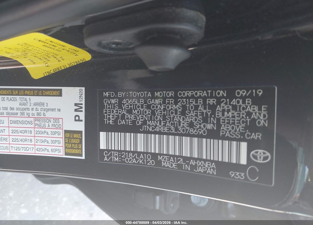 2020 TOYOTA COROLLA XSE VIN: JTNC4RBE3L3078690