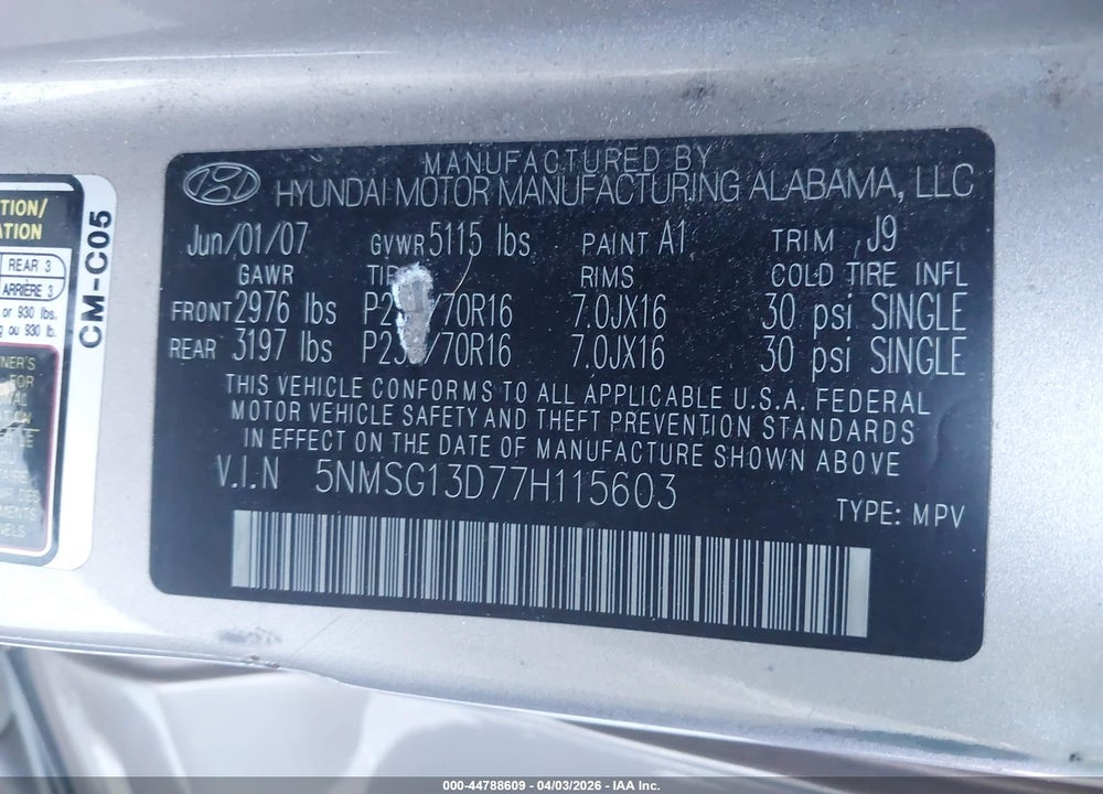 2007 HYUNDAI SANTA FE GLS VIN: 5NMSG13D77H115603