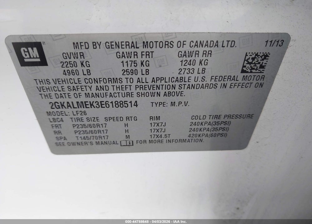 2014 GMC TERRAIN SLE-1 VIN: 2GKALMEK3E6188514