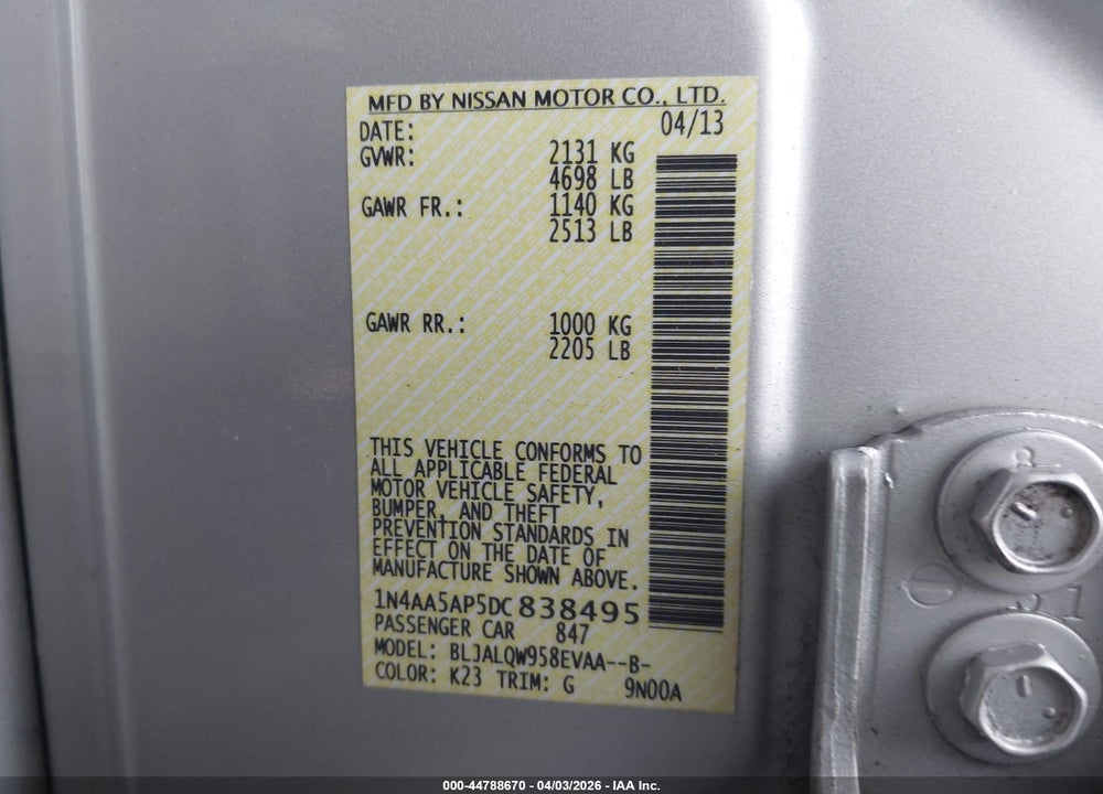 2013 NISSAN MAXIMA 3.5 S VIN: 1N4AA5AP5DC838495