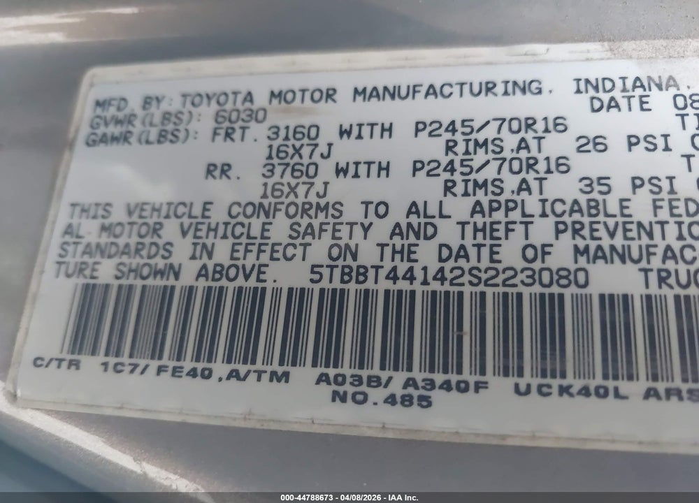 2002 TOYOTA TUNDRA SR5 VIN: 5TBBT44142S223080