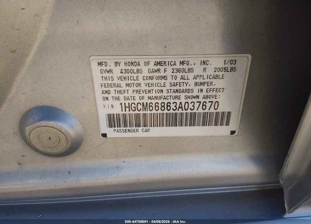 2003 HONDA ACCORD 3.0 EX VIN: 1HGCM66863A037670