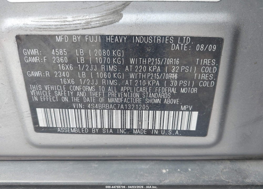 2010 SUBARU OUTBACK 2.5I VIN: 4S4BRBAC7A1321205