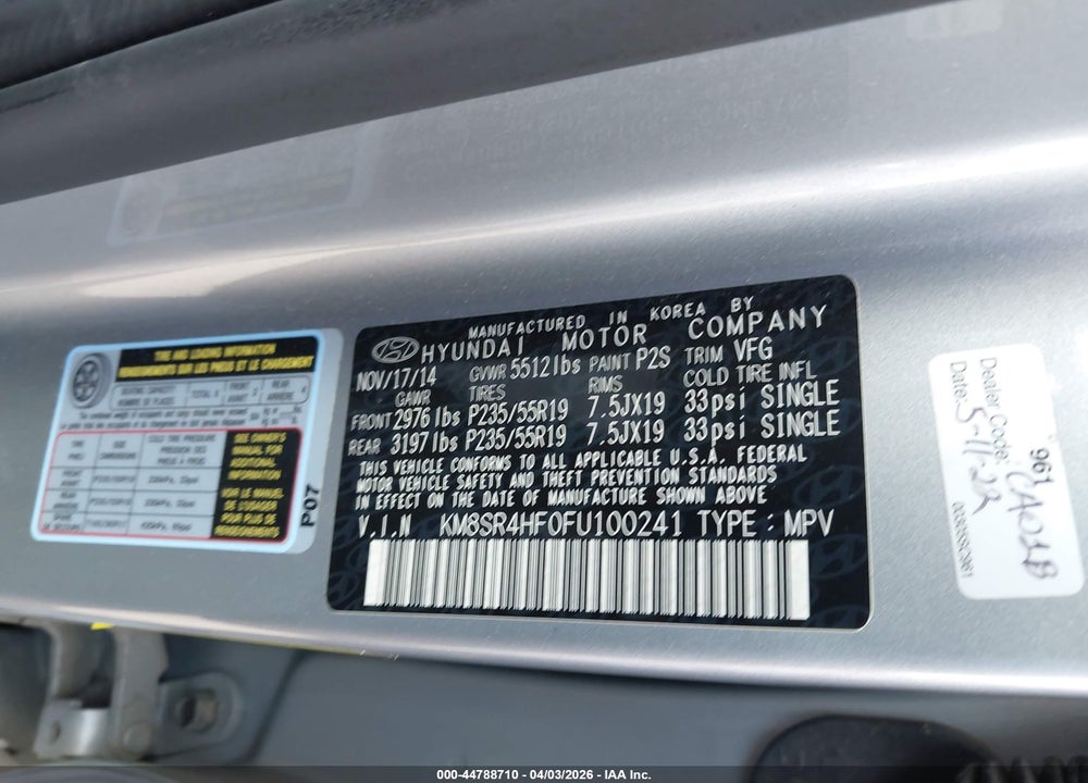 2015 HYUNDAI SANTA FE LIMITED VIN: KM8SR4HF0FU100241