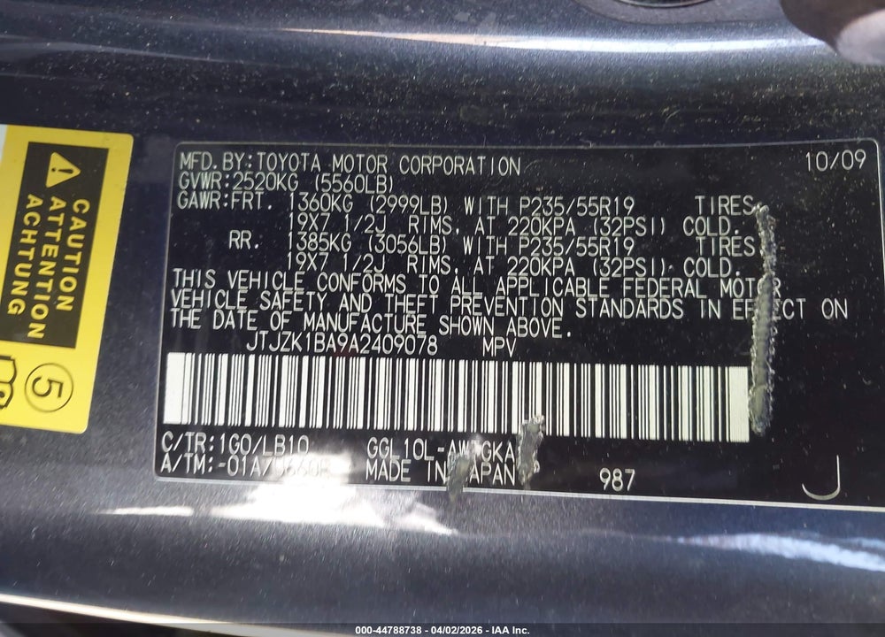 2010 LEXUS RX 350 VIN: JTJZK1BA9A2409078