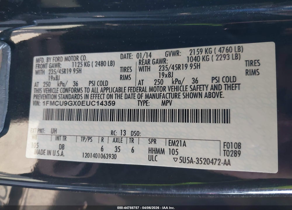2014 FORD ESCAPE SE VIN: 1FMCU9GX0EUC14359