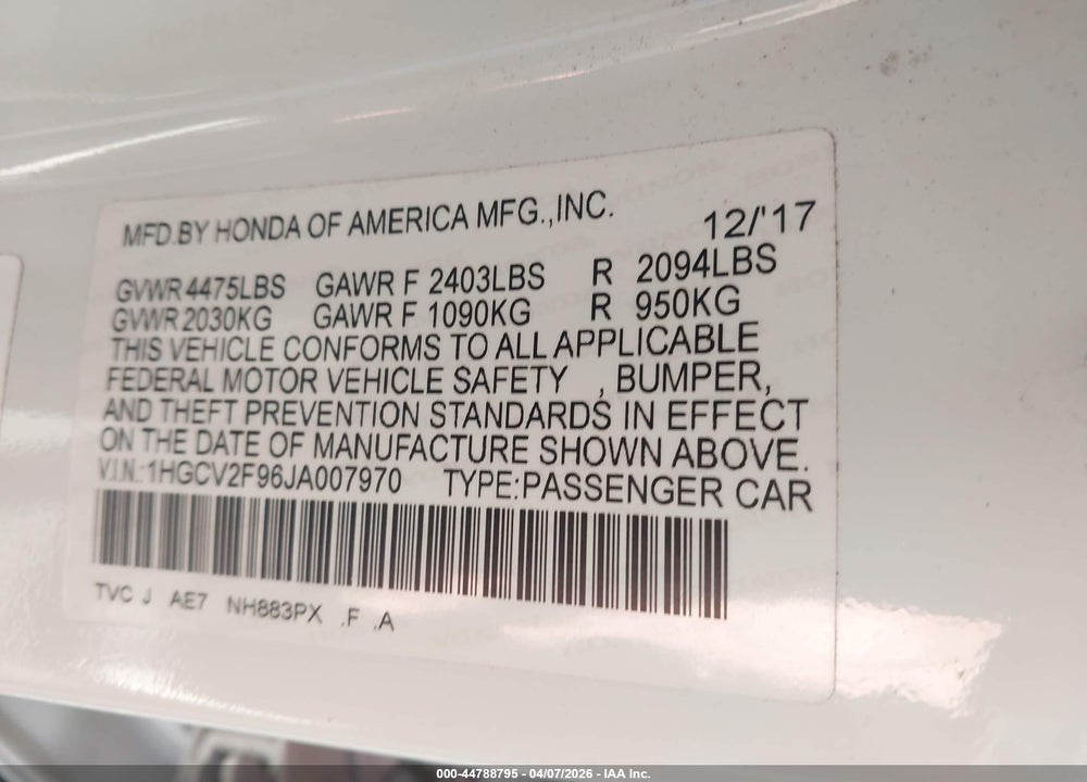 2018 HONDA ACCORD TOURING 2.0T VIN: 1HGCV2F96JA007970