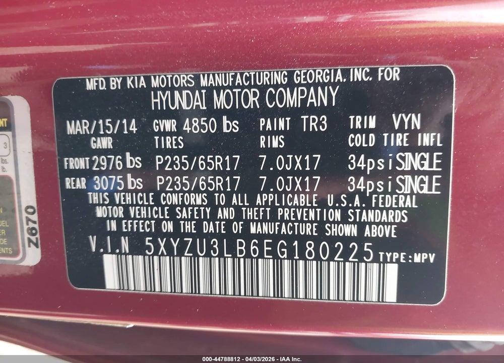 2014 HYUNDAI SANTA FE SPORT 2.4L VIN: 5XYZU3LB6EG180225