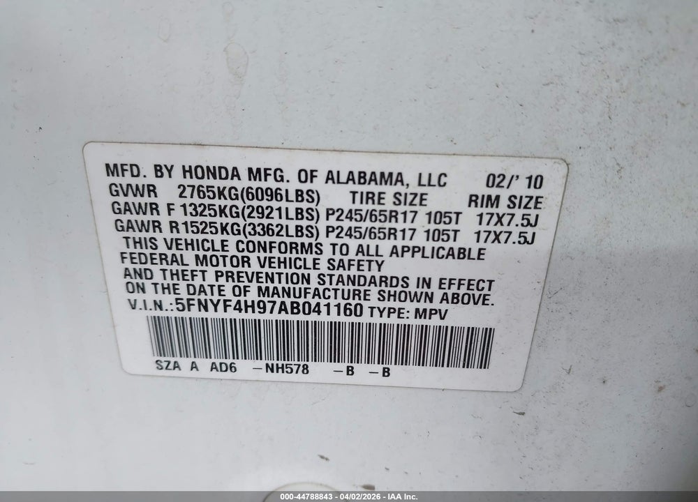 2010 HONDA PILOT TOURING VIN: 5FNYF4H97AB041160