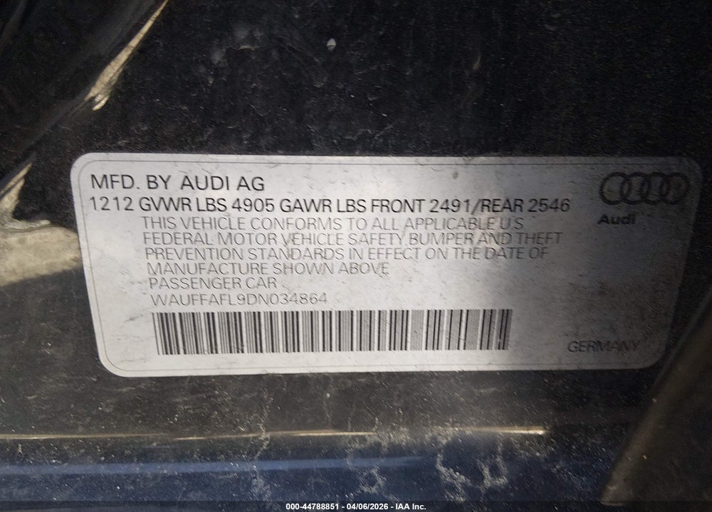 2013 AUDI A4 2.0T PREMIUM VIN: WAUFFAFL9DN034864