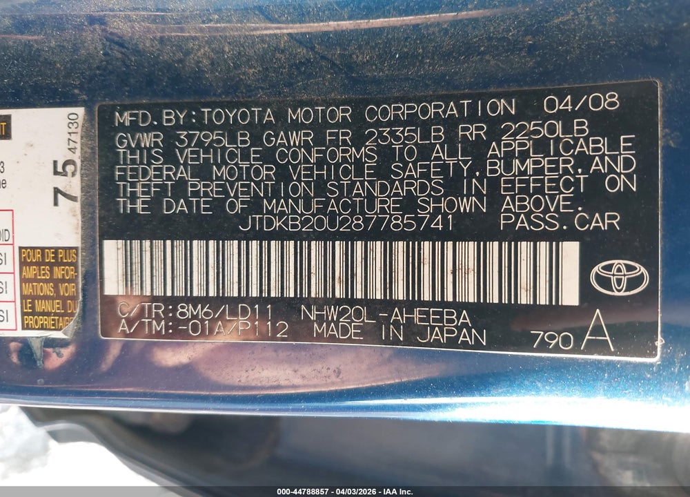 2008 TOYOTA PRIUS VIN: JTDKB20U287785741