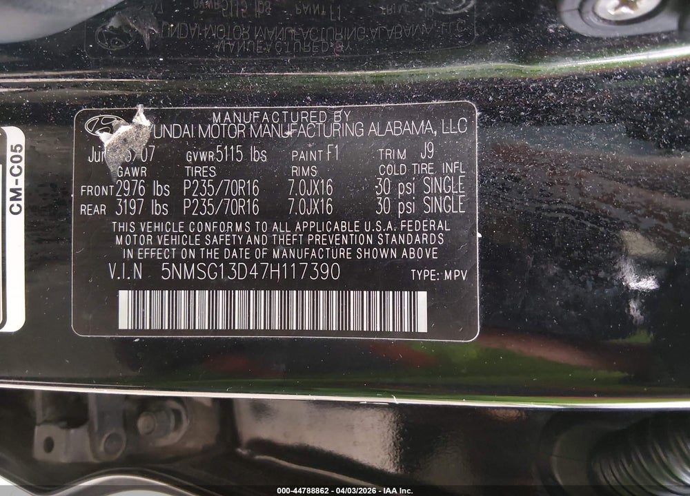 2007 HYUNDAI SANTA FE GLS VIN: 5NMSG13D47H117390