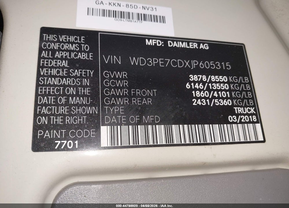 2018 FREIGHTLINER SPRINTER VIN: WD3PE7CDXJP605315