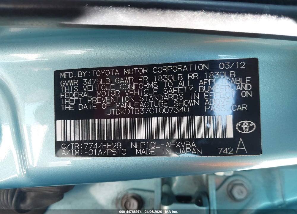 2012 TOYOTA PRIUS C TWO VIN: JTDKDTB37C1007340