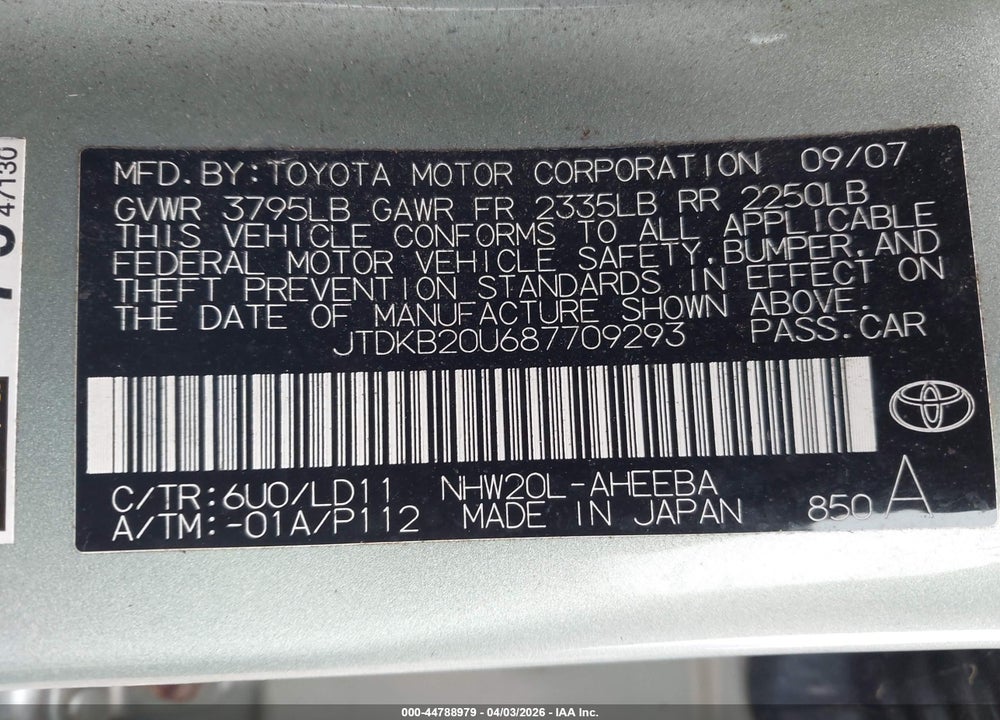 2008 TOYOTA PRIUS VIN: JTDKB20U687709293