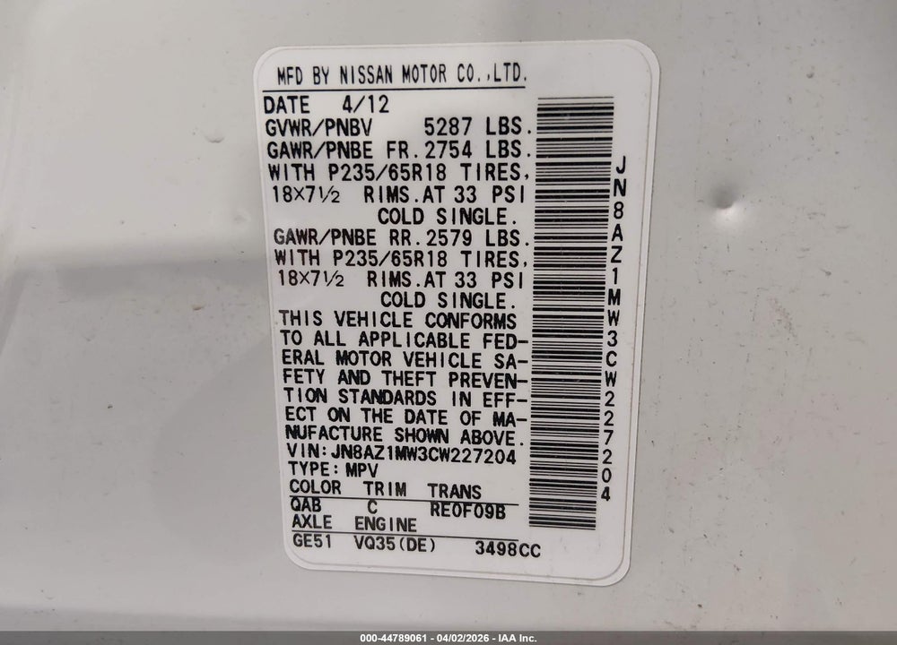 2012 NISSAN MURANO S VIN: JN8AZ1MW3CW227204