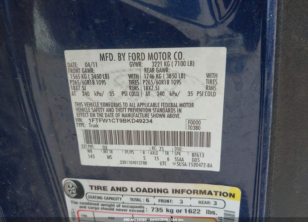 2011 FORD F-150 XLT VIN: 1FTFW1CT9BKD49234