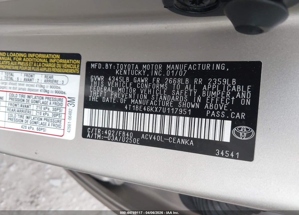 2007 TOYOTA CAMRY LE VIN: 4T1BE46KX7U117951