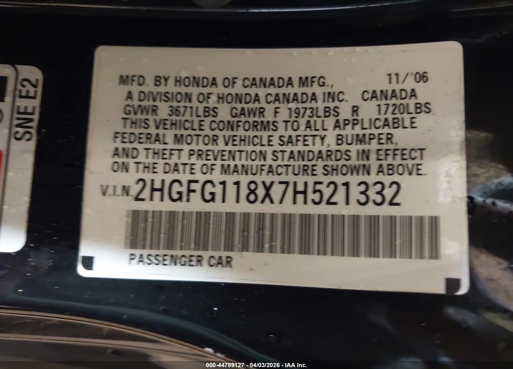 2007 HONDA CIVIC EX VIN: 2HGFG118X7H521332