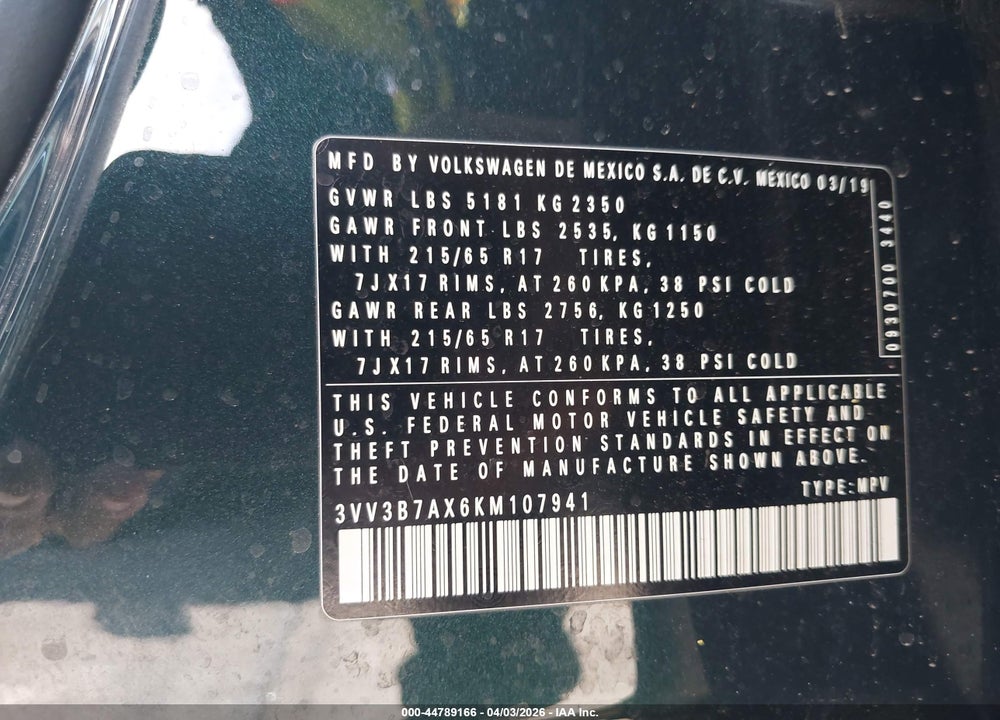 2019 VOLKSWAGEN TIGUAN 2.0T SE/2.0T SEL/2.0T SEL R-LINE/2.0T SEL R-LINE BLACK VIN: 3VV3B7AX6KM107941