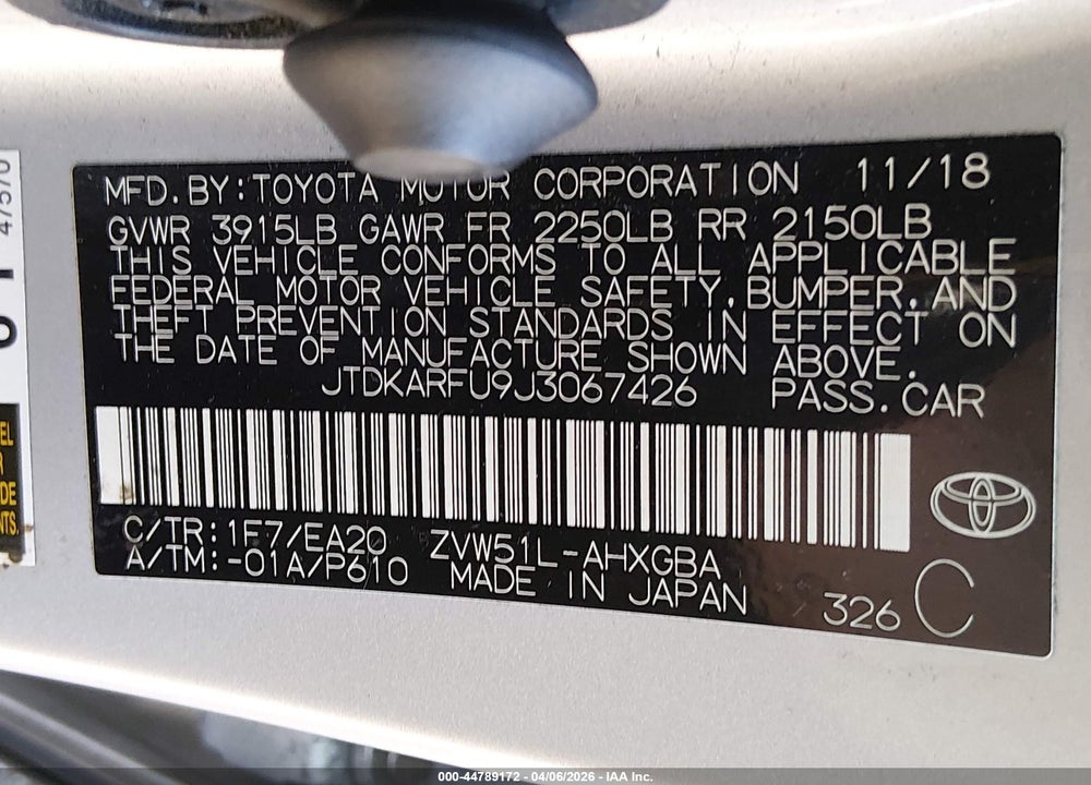 2018 TOYOTA PRIUS FOUR VIN: JTDKARFU9J3067426