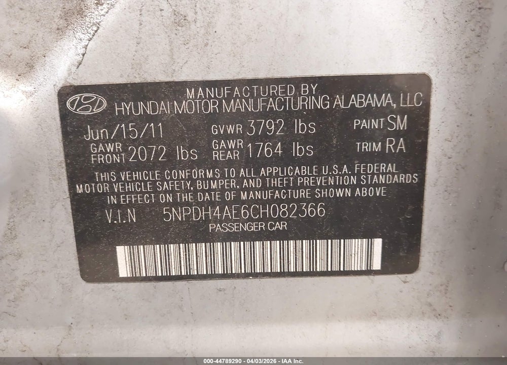 2012 HYUNDAI ELANTRA GLS VIN: 5NPDH4AE6CH082366