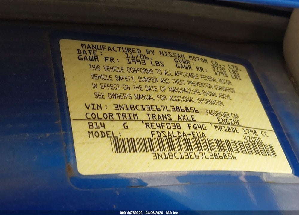 2007 NISSAN VERSA 1.8S VIN: 3N1BC13E67L386856