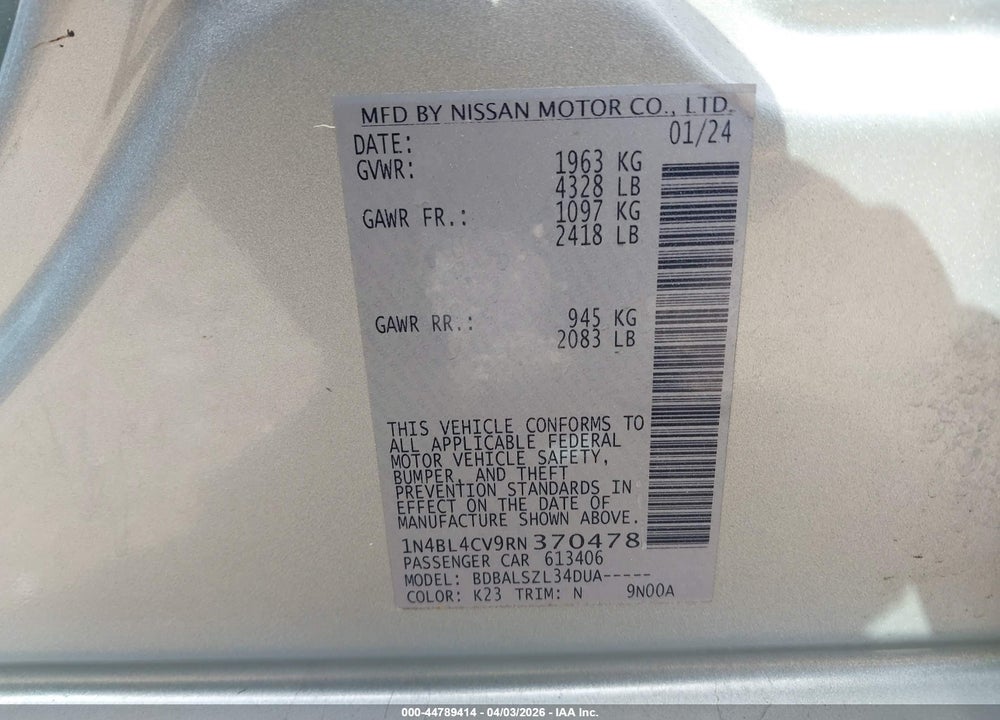 2024 NISSAN ALTIMA SR FWD VIN: 1N4BL4CV9RN370478