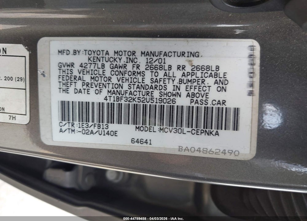 2002 TOYOTA CAMRY LE V6 VIN: 4T1BF32K52U519026