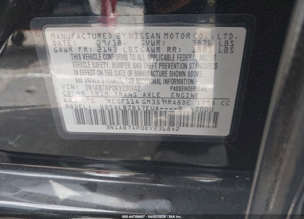 2019 NISSAN SENTRA S VIN: 3N1AB7AP0KY236842