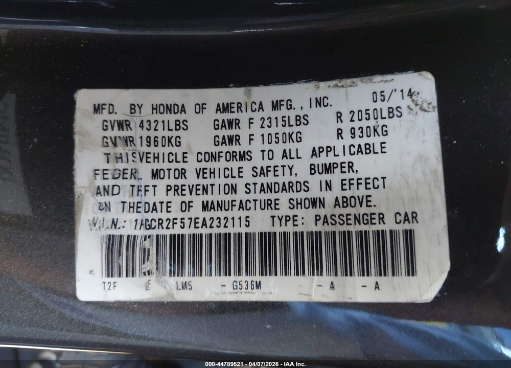 2014 HONDA ACCORD SPORT VIN: 1HGCR2F57EA232115